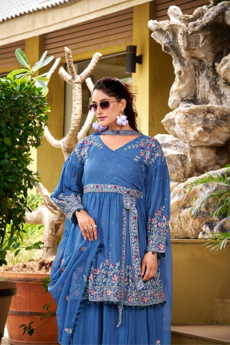 Georgette Kurta Sharara Set with Embroidery & Flowy Dupatta