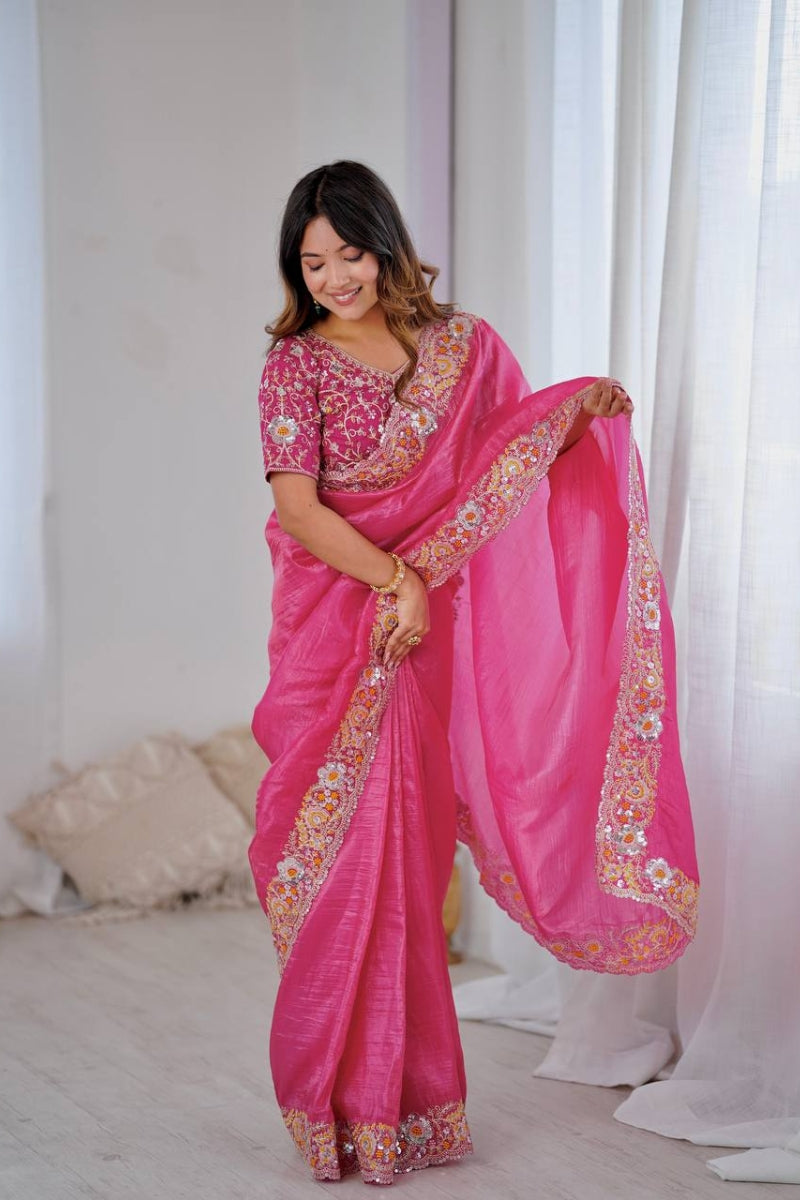 Crunchy Silk Saree with Rich Embroidery and Sequin Work