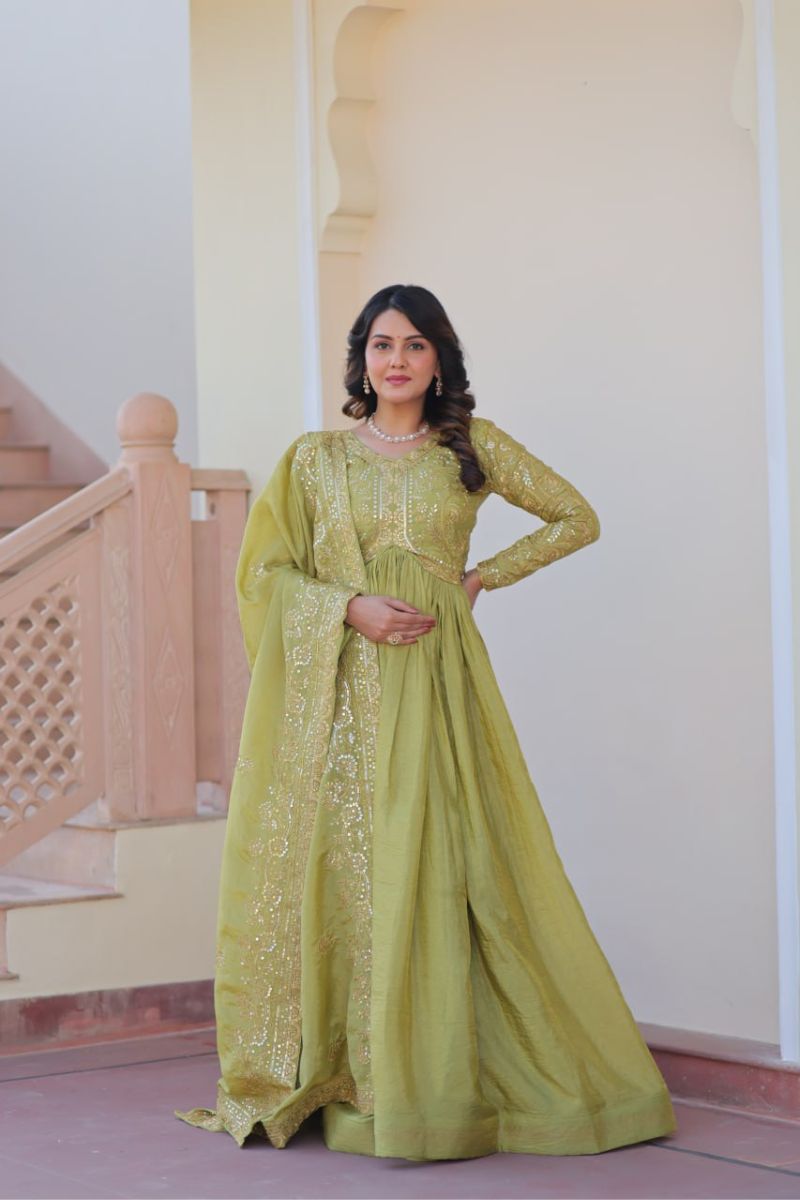 Green Gold Crush Fabric Gown & Dupatta Set with Embroidery