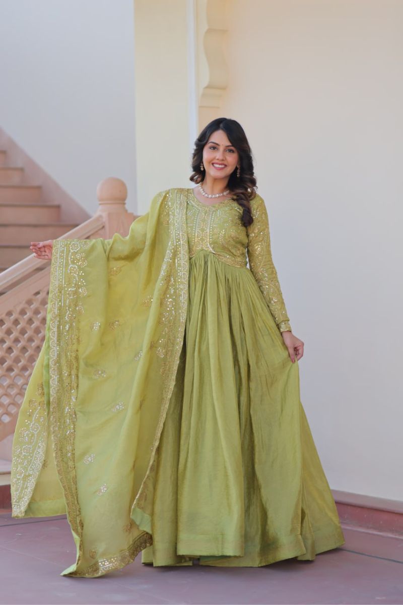 Green Gold Crush Fabric Gown & Dupatta Set with Embroidery