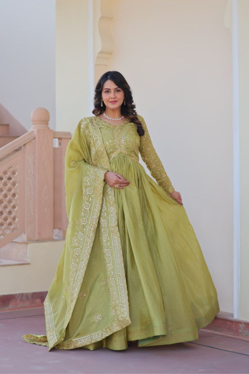 Green Gold Crush Fabric Gown & Dupatta Set with Embroidery