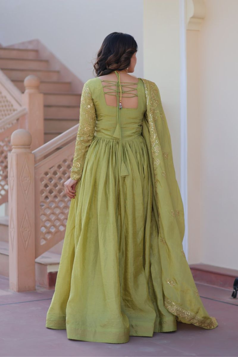 Green Gold Crush Fabric Gown & Dupatta Set with Embroidery