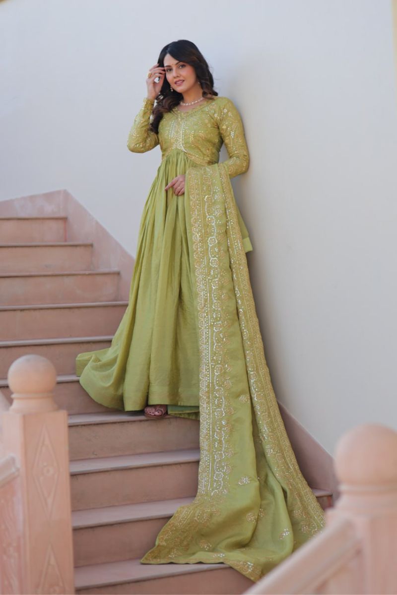 Green Gold Crush Fabric Gown & Dupatta Set with Embroidery
