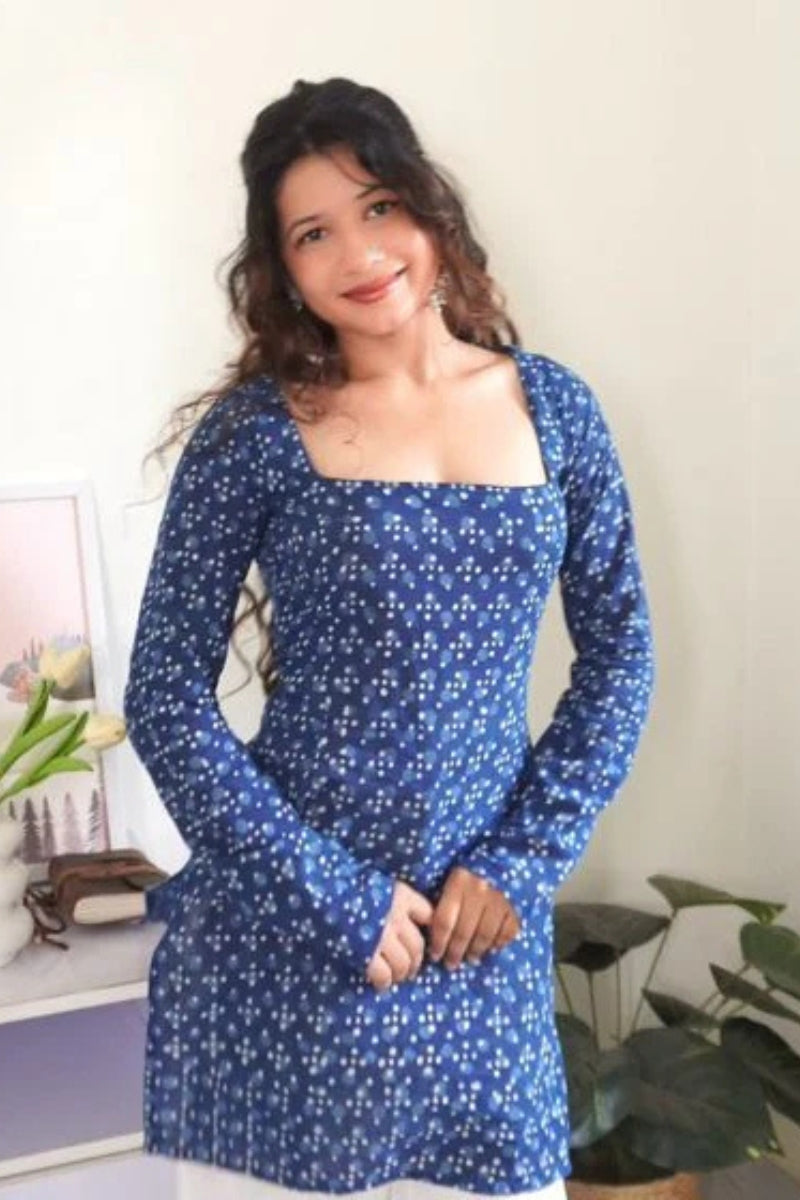 Handblock Printed Cotton Kurti with Elegant Square Neckline