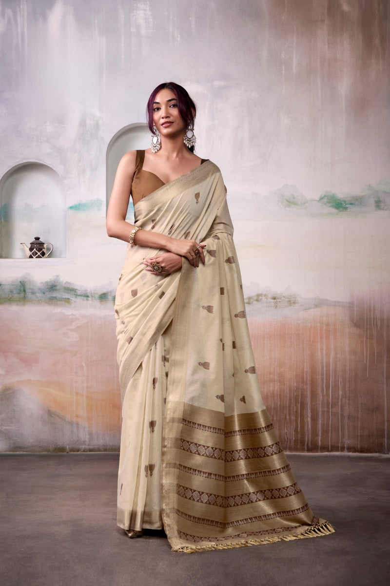 Handloom Cotton Saree with Zari Woven Motifs & Rich Border