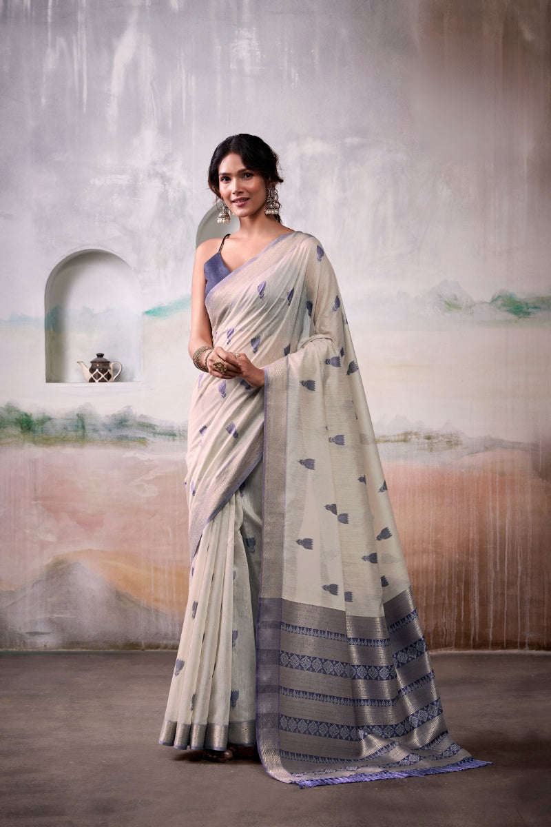 Handloom Cotton Saree with Zari Woven Motifs & Rich Border