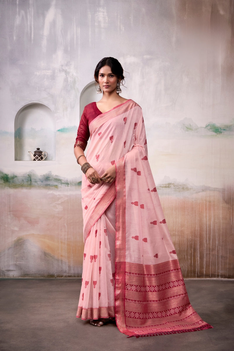 Handloom Cotton Saree with Zari Woven Motifs & Rich Border