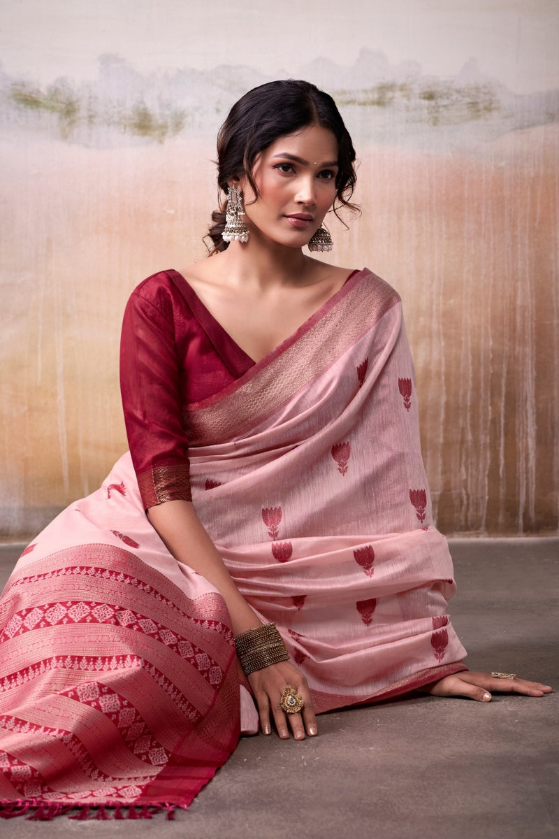 Handloom Cotton Saree with Zari Woven Motifs & Rich Border