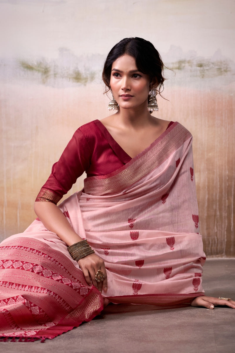 Handloom Cotton Saree with Zari Woven Motifs & Rich Border