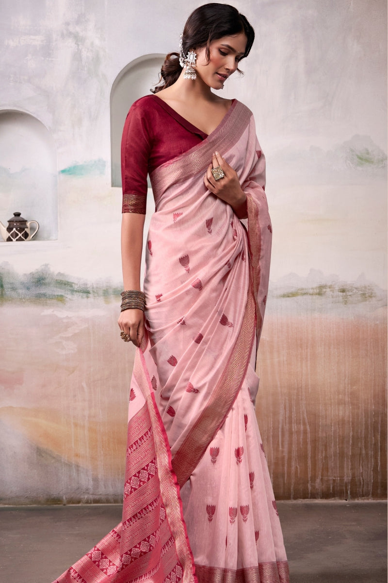 Handloom Cotton Saree with Zari Woven Motifs & Rich Border