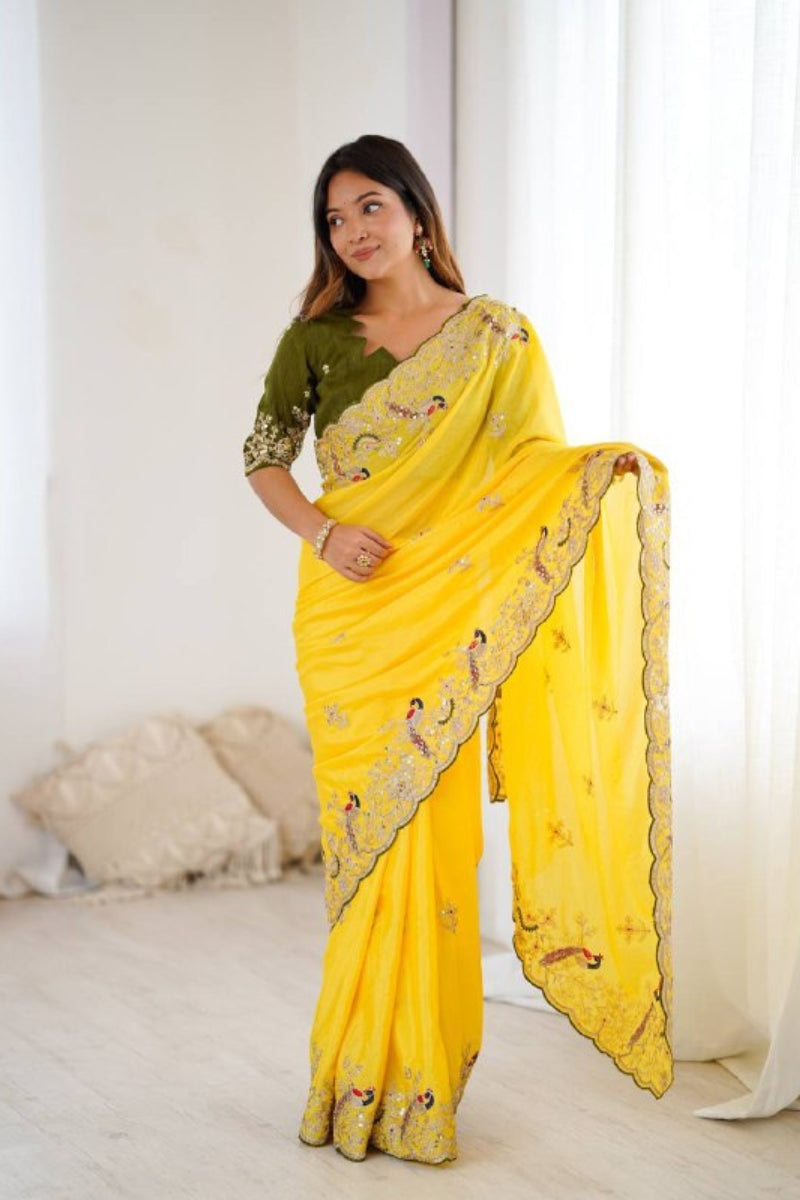 Heavy Chinon Silk Saree with Embroidery & Sequins Work