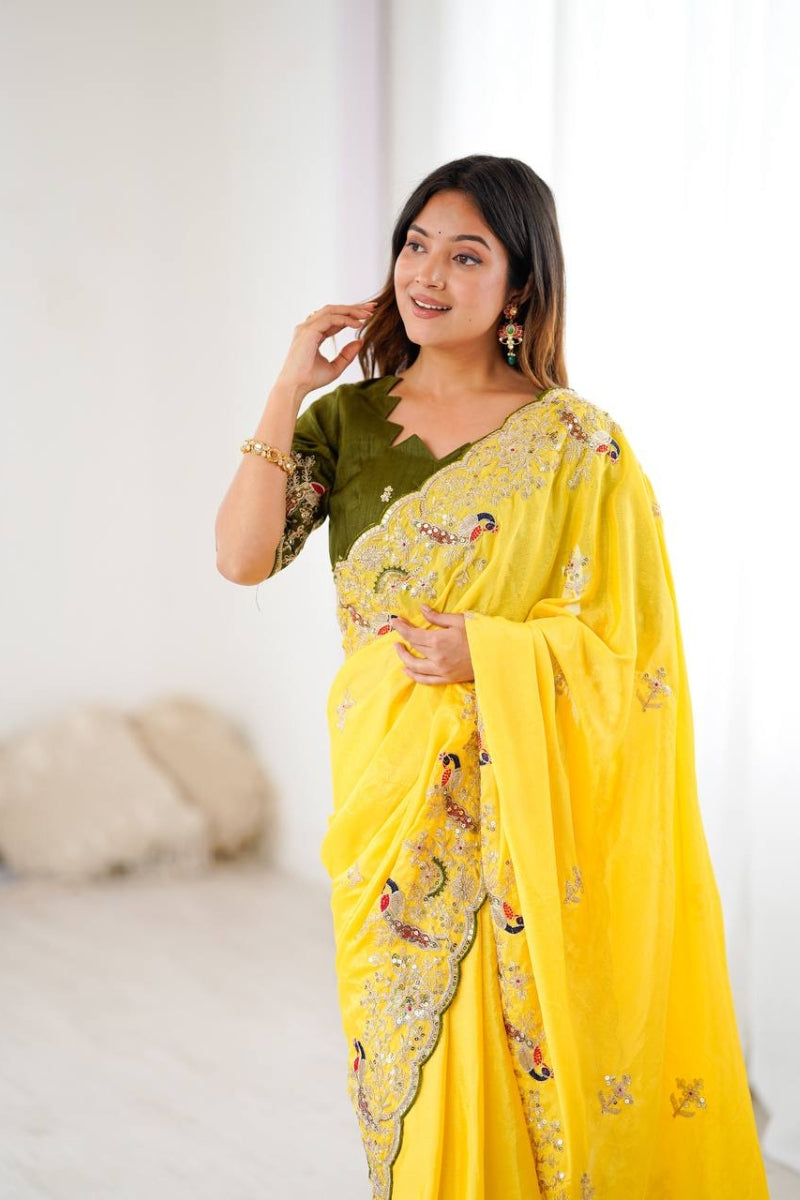 Heavy Chinon Silk Saree with Embroidery & Sequins Work