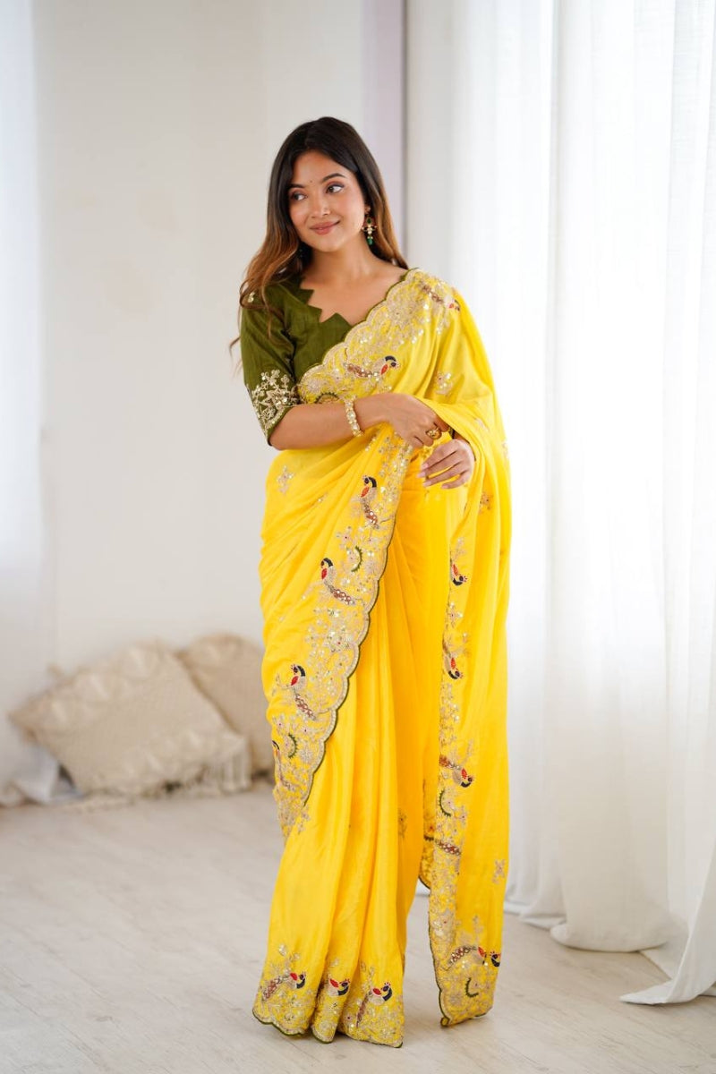 Heavy Chinon Silk Saree with Embroidery & Sequins Work