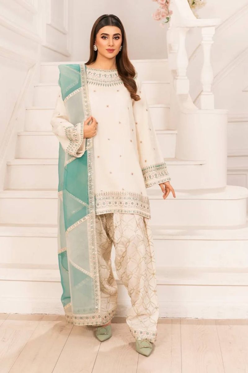 White Festive Kurta with Diamond Sequence Embroidered Dupatta & Farshi Plazzo.