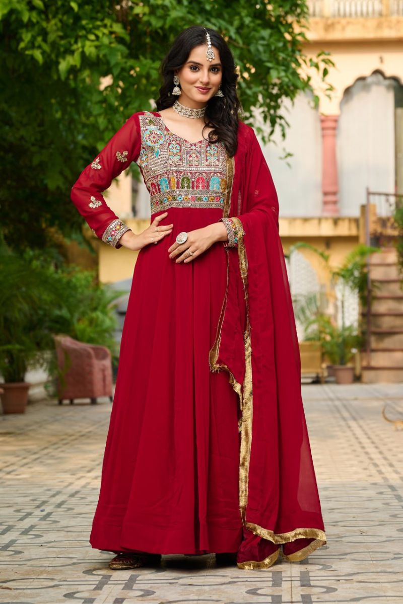 Maroon Embroidered Faux Blooming Gown with  Lace Dupatta
