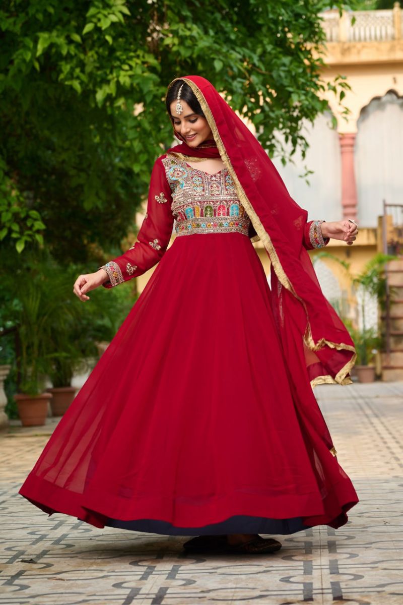 Maroon Embroidered Faux Blooming Gown with  Lace Dupatta