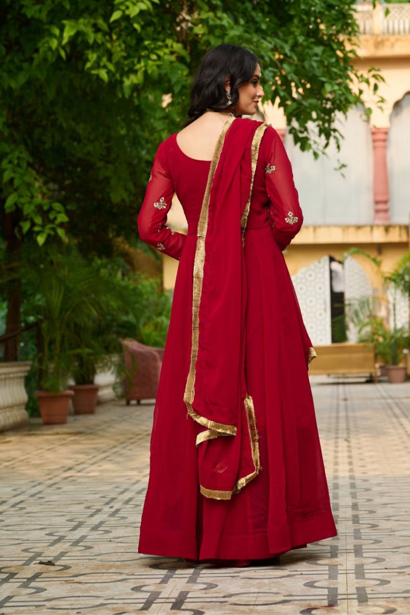 Maroon Embroidered Faux Blooming Gown with  Lace Dupatta