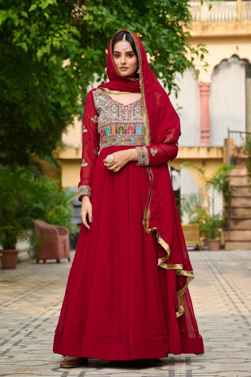Maroon Embroidered Faux Blooming Gown with  Lace Dupatta