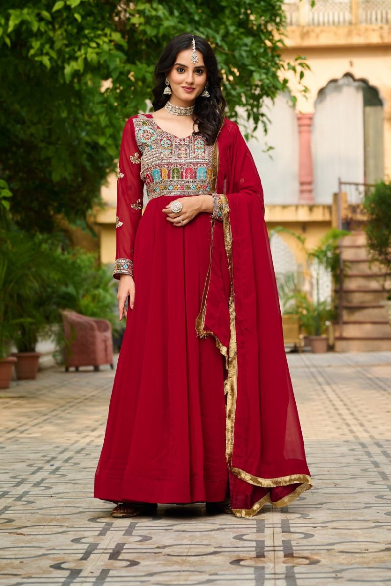 Maroon Embroidered Faux Blooming Gown with  Lace Dupatta