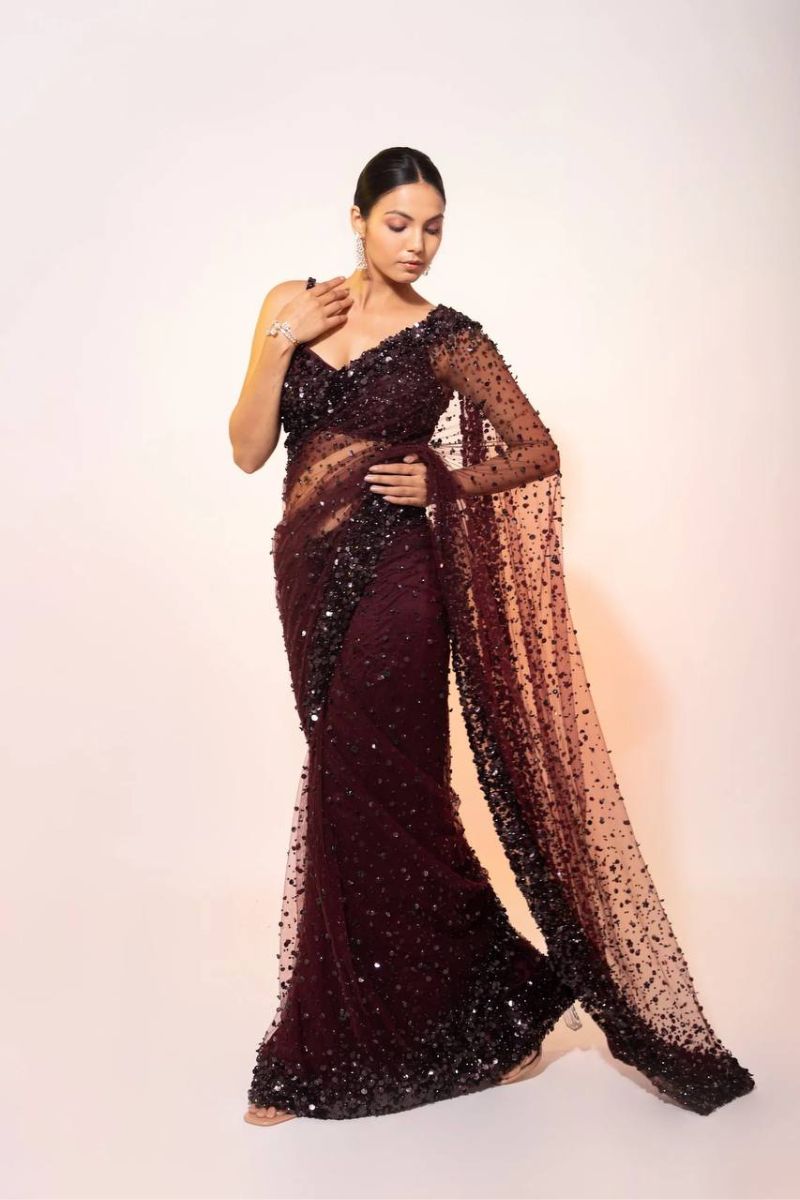 Maroon Shimmering Net Saree with Hologram Sequins & Thread Work