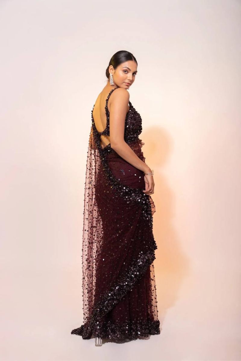 Maroon Shimmering Net Saree with Hologram Sequins & Thread Work