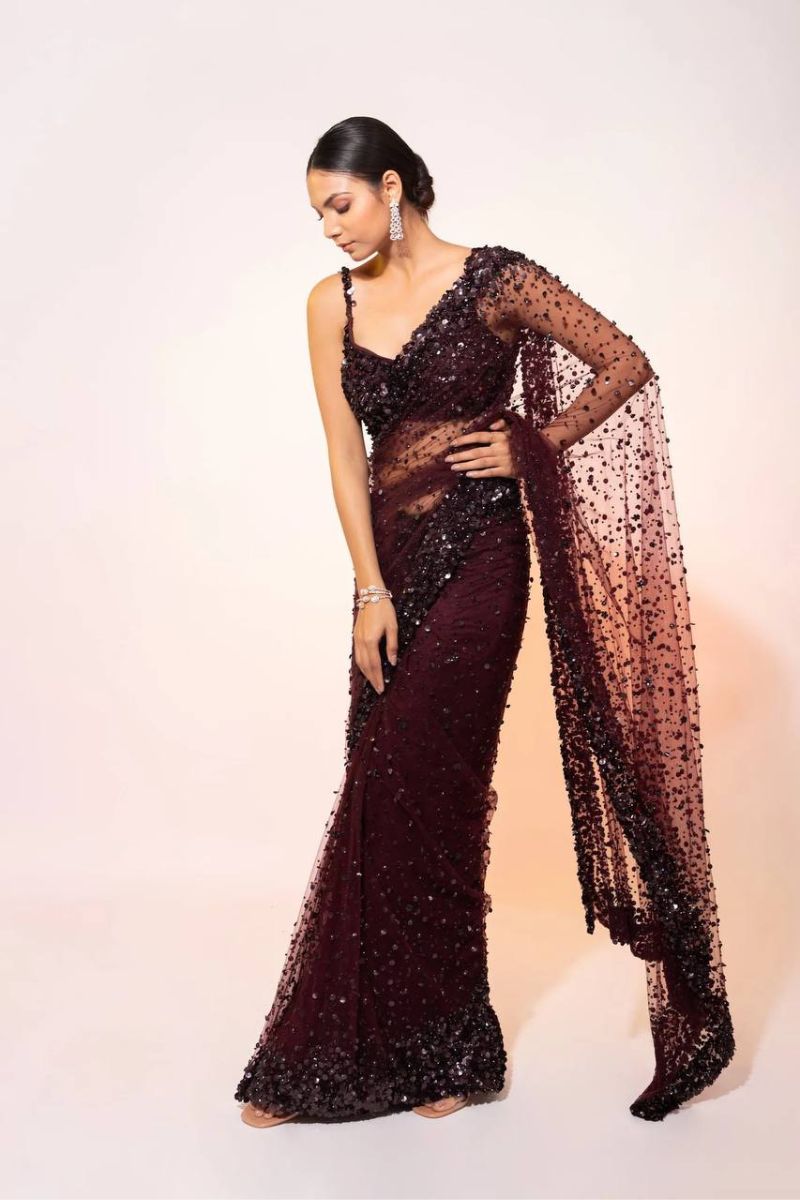 Maroon Shimmering Net Saree with Hologram Sequins & Thread Work