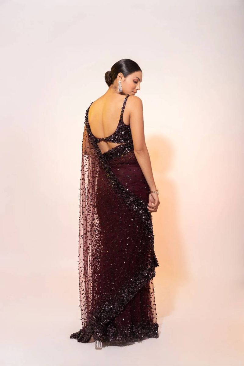 Maroon Shimmering Net Saree with Hologram Sequins & Thread Work