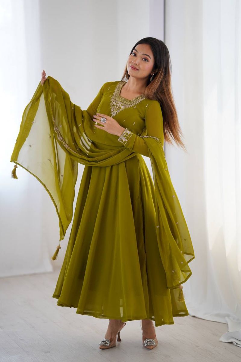 Heavy Fox Georgette Anarkali Gown Set  Beads & Jari Embroidery Work