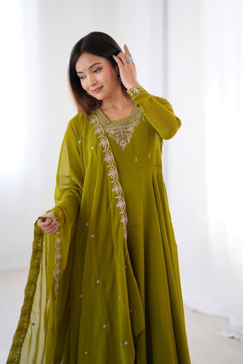 Heavy Fox Georgette Anarkali Gown Set  Beads & Jari Embroidery Work