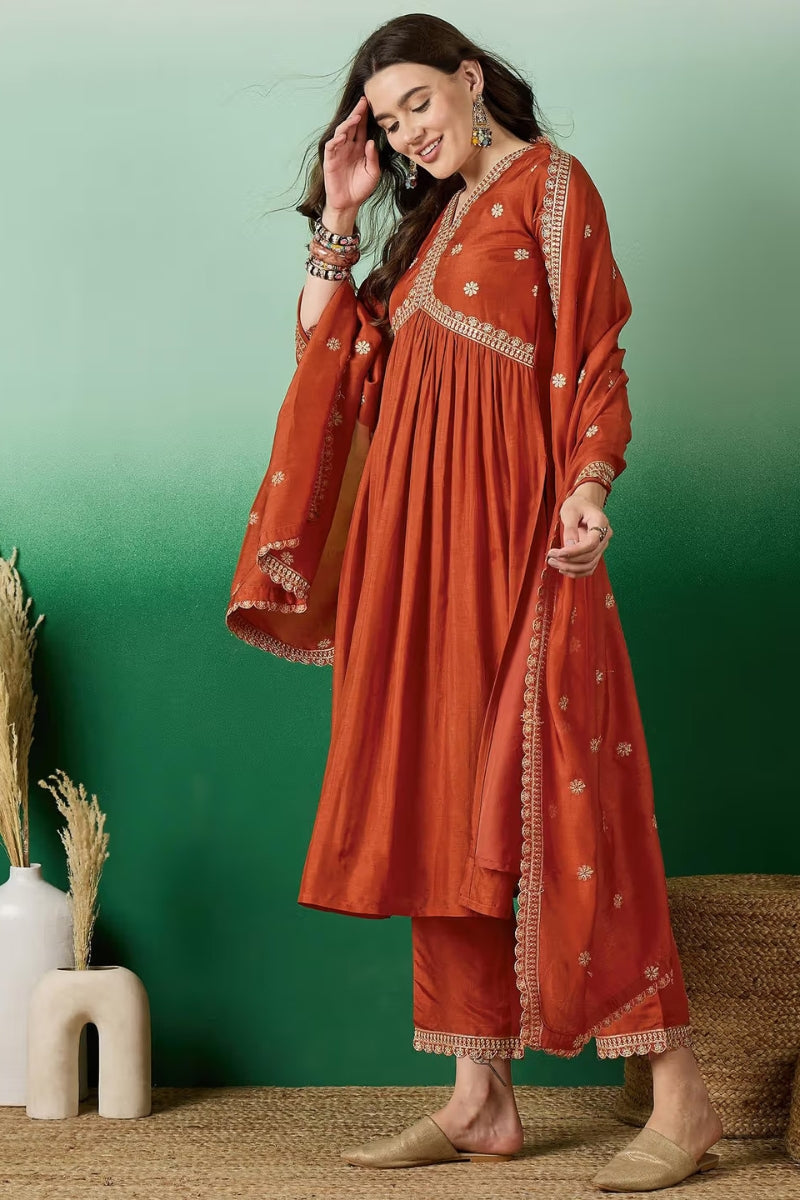 Muslin Silk Embroidered Suit Set with Elegant Lace Dupatta