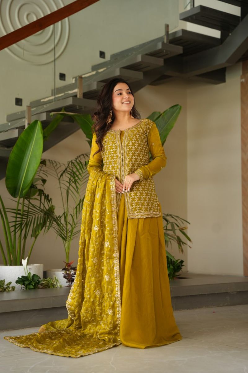 Mustard Fendy Fabric Kurti Sharara Dupatta Set with  Zari Embroidery