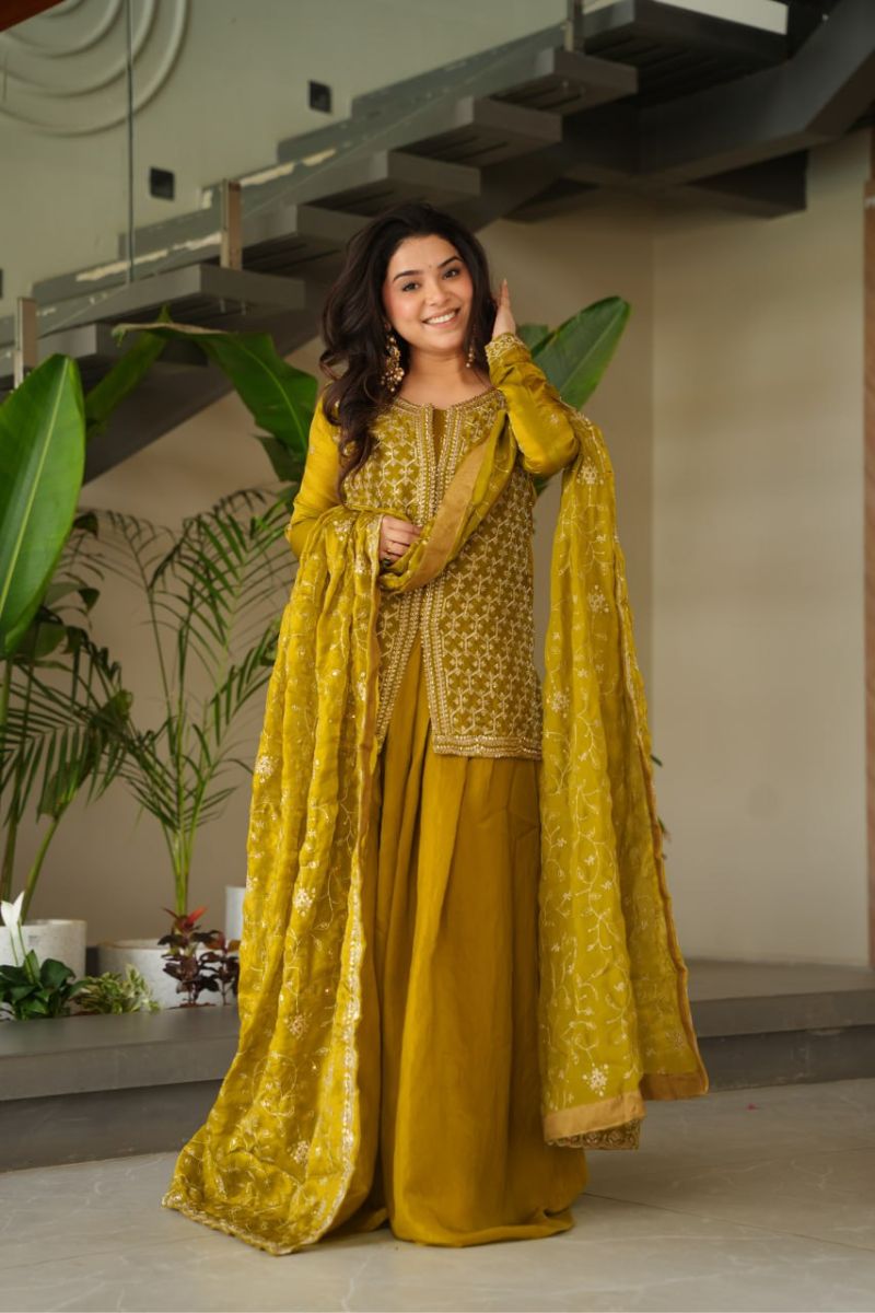 Mustard Fendy Fabric Kurti Sharara Dupatta Set with  Zari Embroidery
