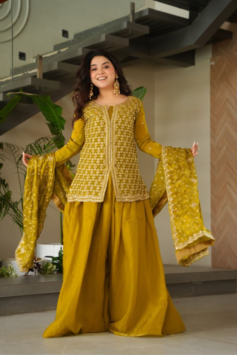 Mustard Fendy Fabric Kurti Sharara Dupatta Set with  Zari Embroidery