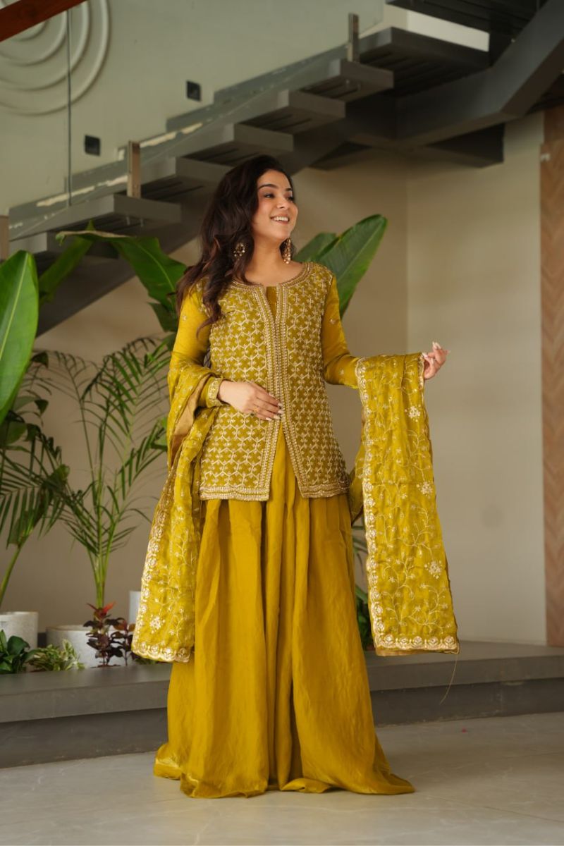 Mustard Fendy Fabric Kurti Sharara Dupatta Set with  Zari Embroidery