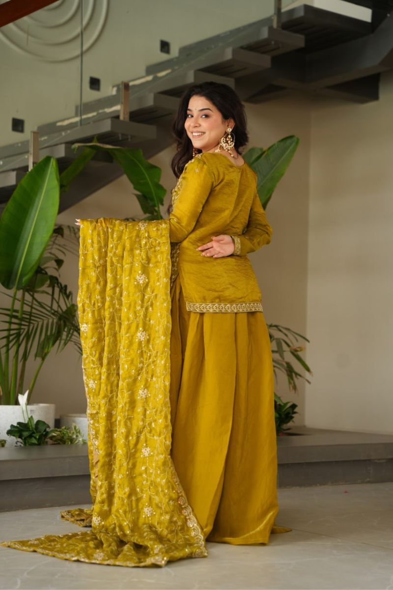 Mustard Fendy Fabric Kurti Sharara Dupatta Set with  Zari Embroidery