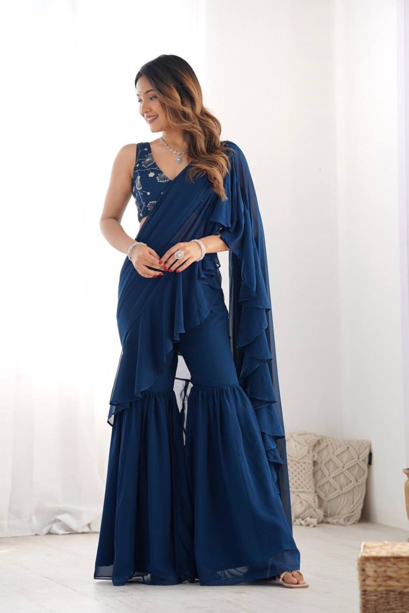 Pure Fox Georgette Sharara Saree with Heavy Sequins & Jari Embroidered Blouse  Fully Stitched Ready-to-Wear Saree Set for Women