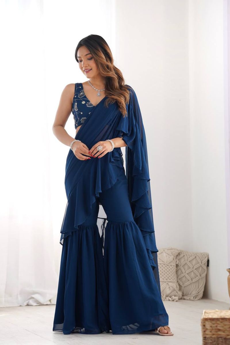 Pure Fox Georgette Sharara Saree with Heavy Sequins & Jari Embroidered Blouse  Fully Stitched Ready-to-Wear Saree Set for Women