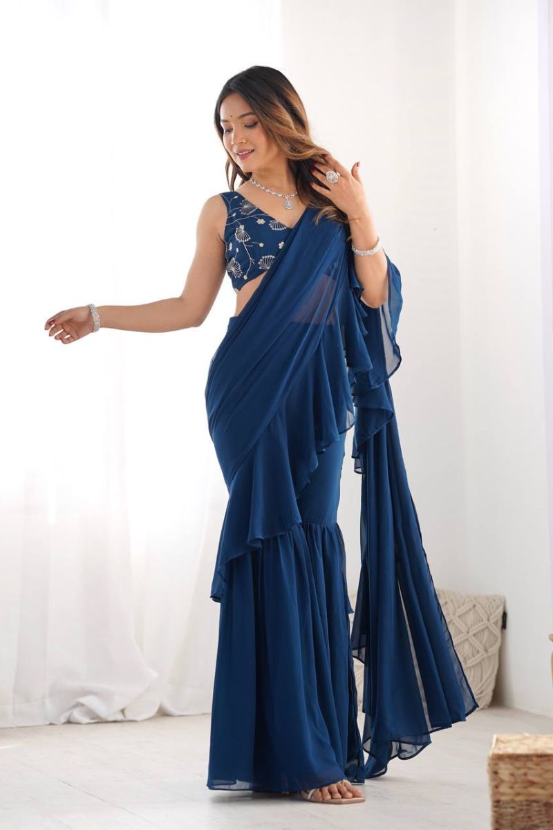 Pure Fox Georgette Sharara Saree with Heavy Sequins & Jari Embroidered Blouse  Fully Stitched Ready-to-Wear Saree Set for Women