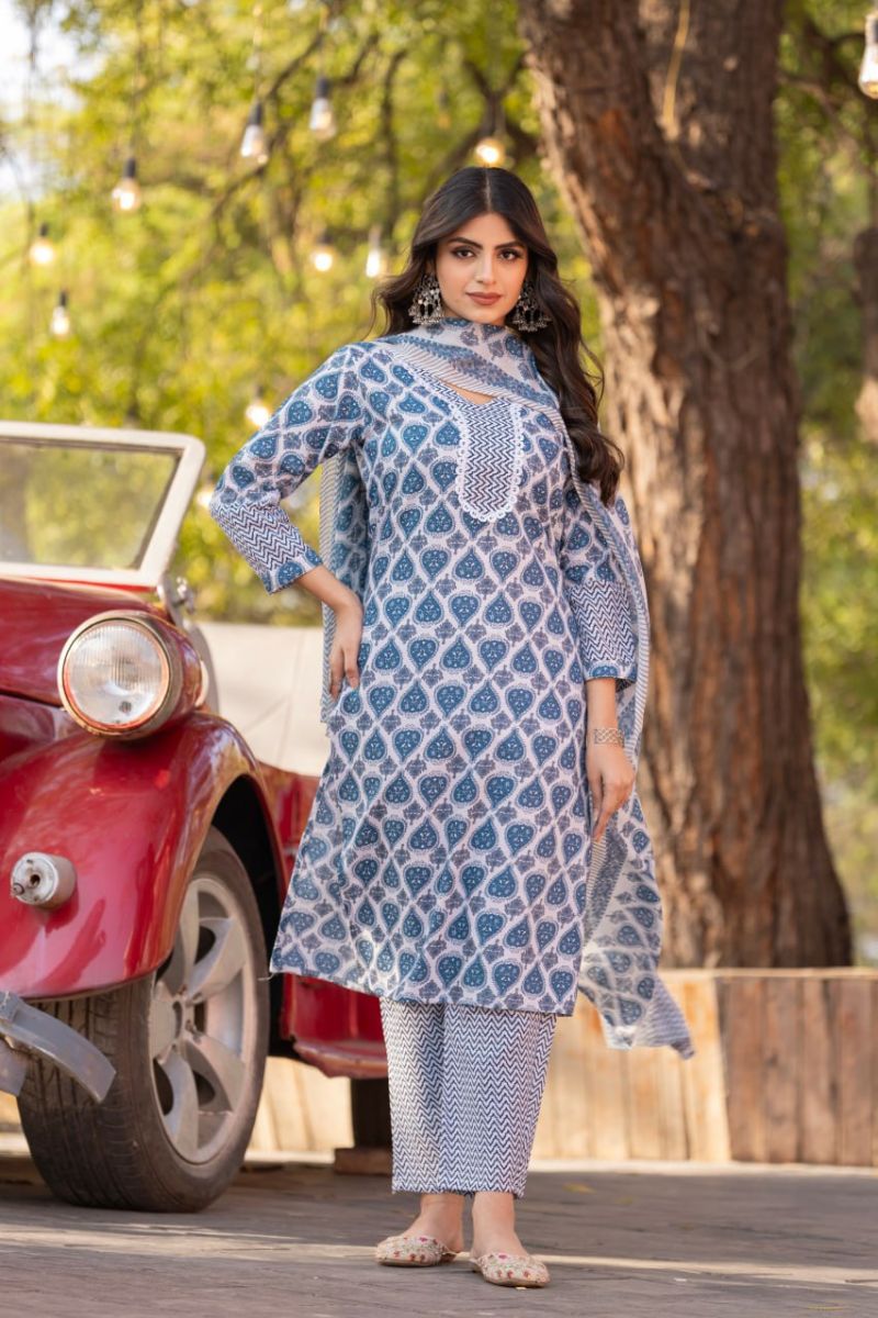 Cotton Embroidered Kurta Pant Dupatta Set  Elegant Ethnic Wear for Women