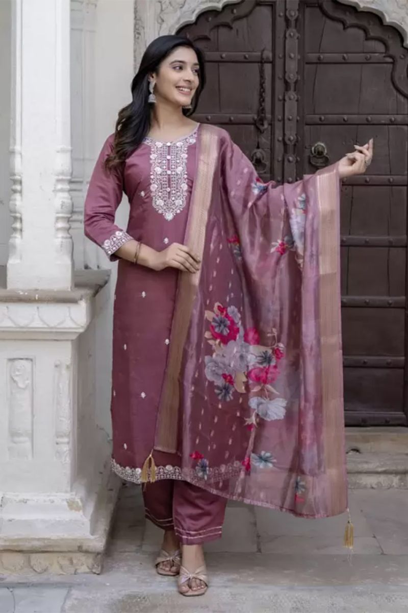 Chanderi Cotton Kurta Pant Dupatta Set with Embroidered Neckline & Jacquard Dupatta