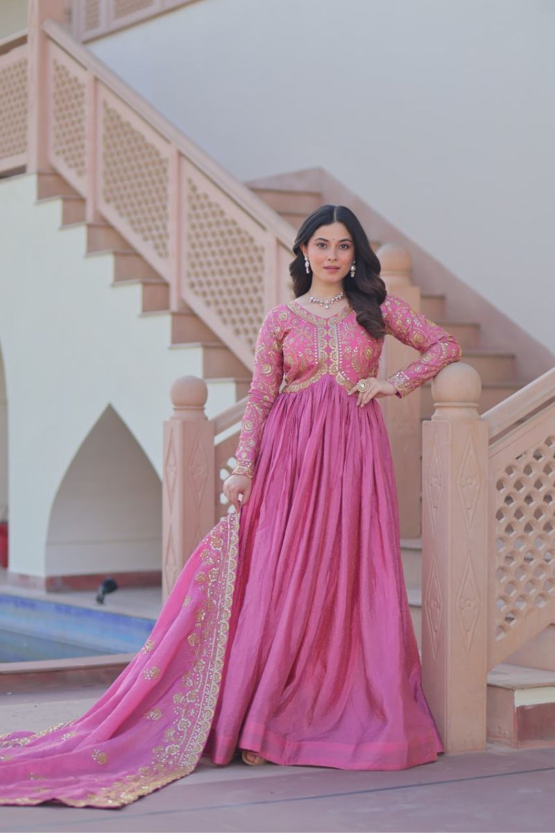 Green Gold Crush Fabric Gown & Dupatta Set with Embroidery