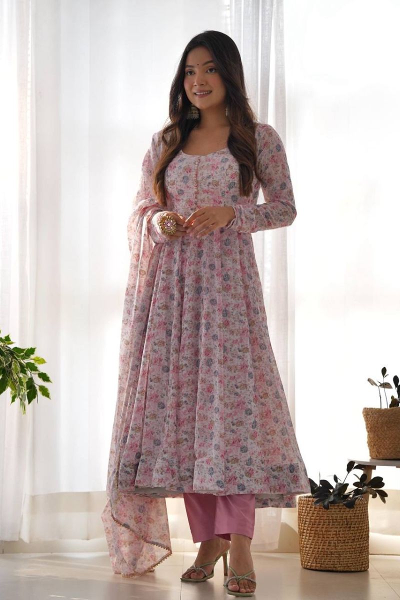 Pink Floral Anarkali Pant Set with Chiffon Dupatta & Full Flair