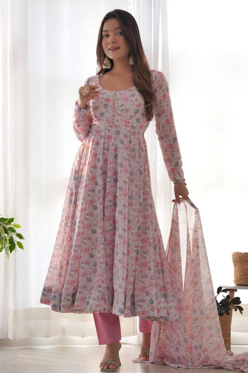Pink Floral Anarkali Pant Set with Chiffon Dupatta & Full Flair