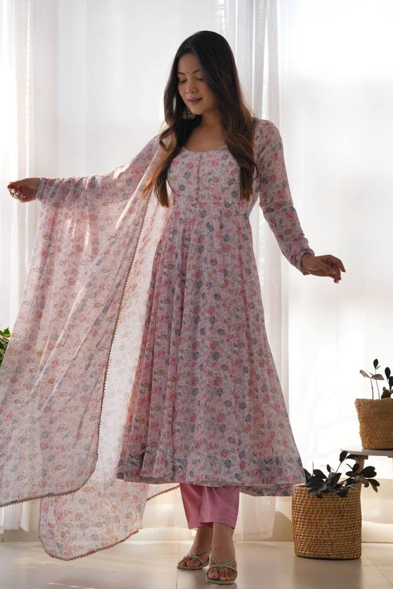 Pink Floral Anarkali Pant Set with Chiffon Dupatta & Full Flair