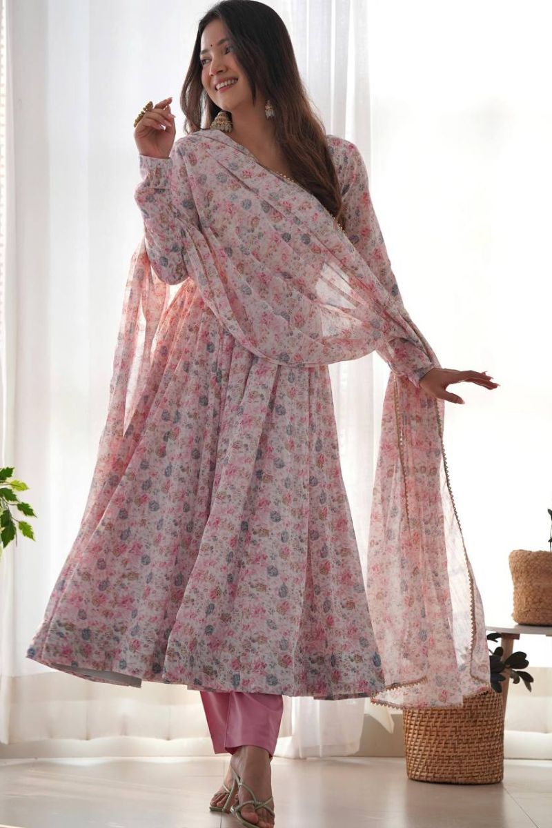 Pink Floral Anarkali Pant Set with Chiffon Dupatta & Full Flair