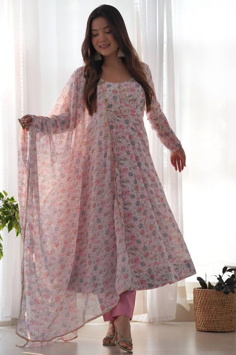 Pink Floral Anarkali Pant Set with Chiffon Dupatta & Full Flair