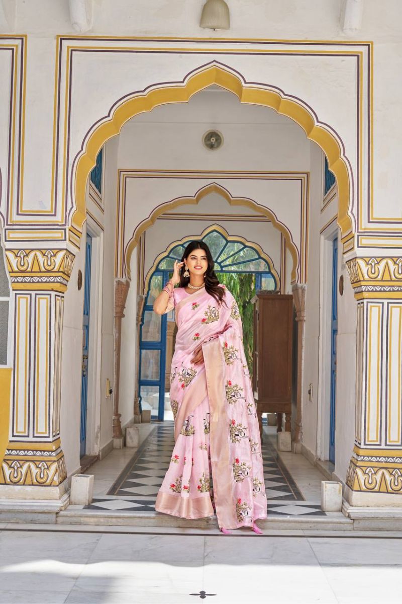 Pink Kota Crystal Saree Embroidery Thread Work & Jacquard Border