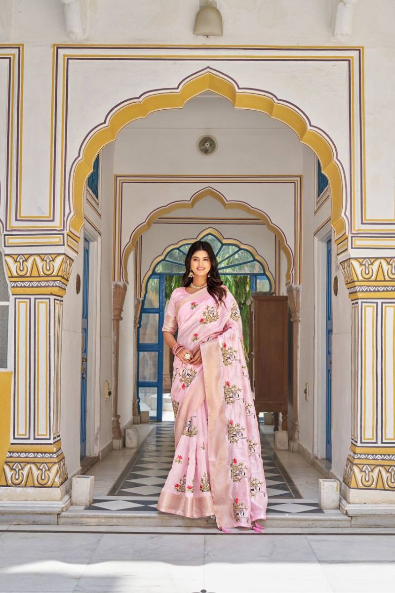 Pink Kota Crystal Saree Embroidery Thread Work & Jacquard Border