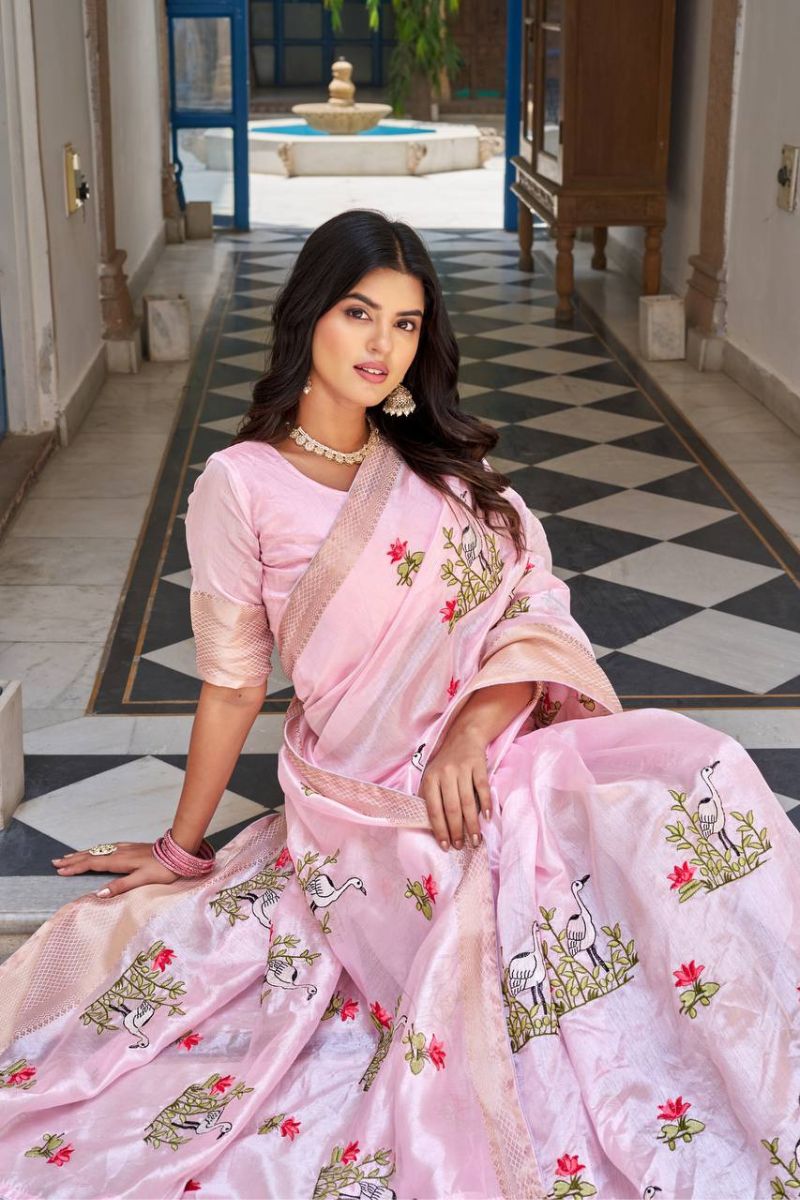 Pink Kota Crystal Saree Embroidery Thread Work & Jacquard Border