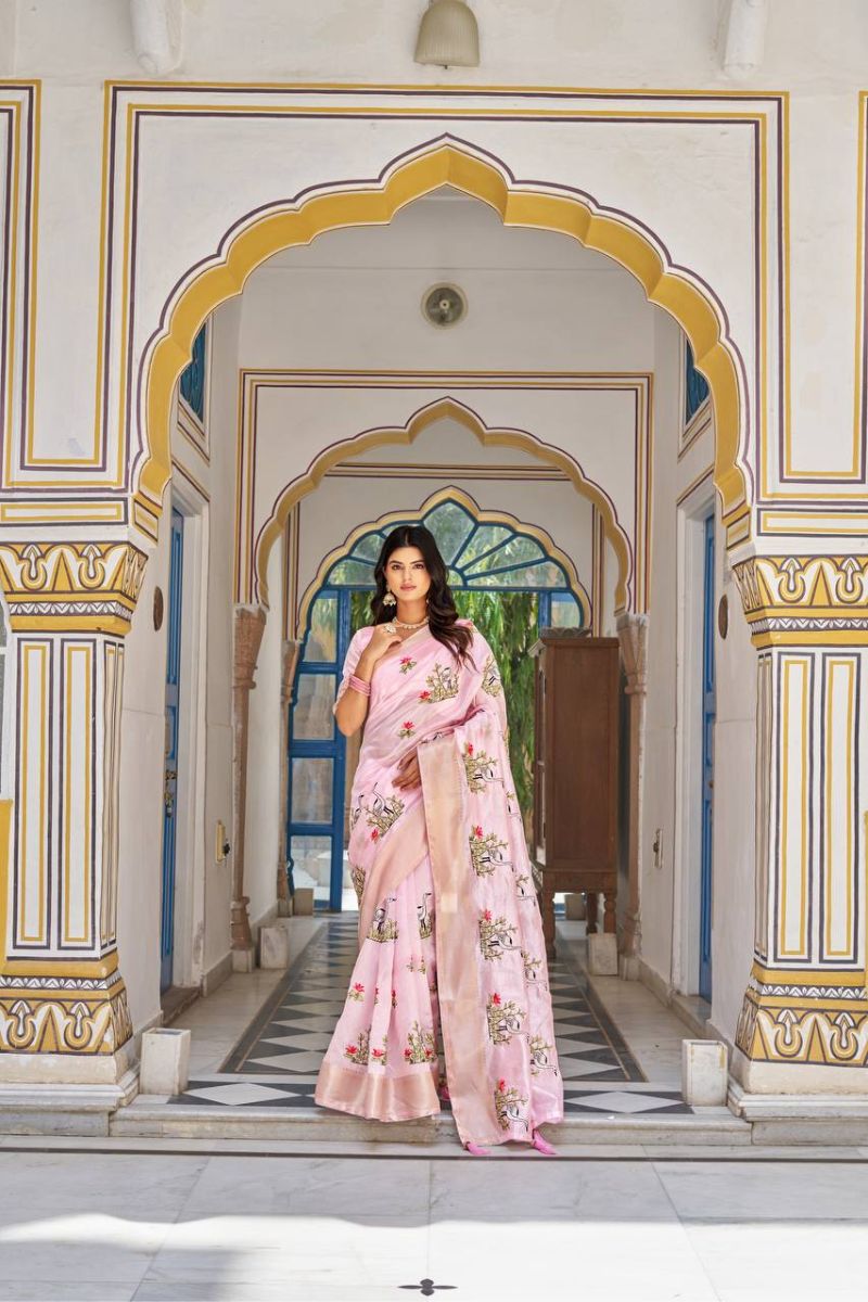 Pink Kota Crystal Saree Embroidery Thread Work & Jacquard Border